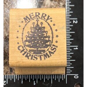 Vintage Wood Mounted Rubber Stamp Merry Christmas Tree Design Rubber Stampede